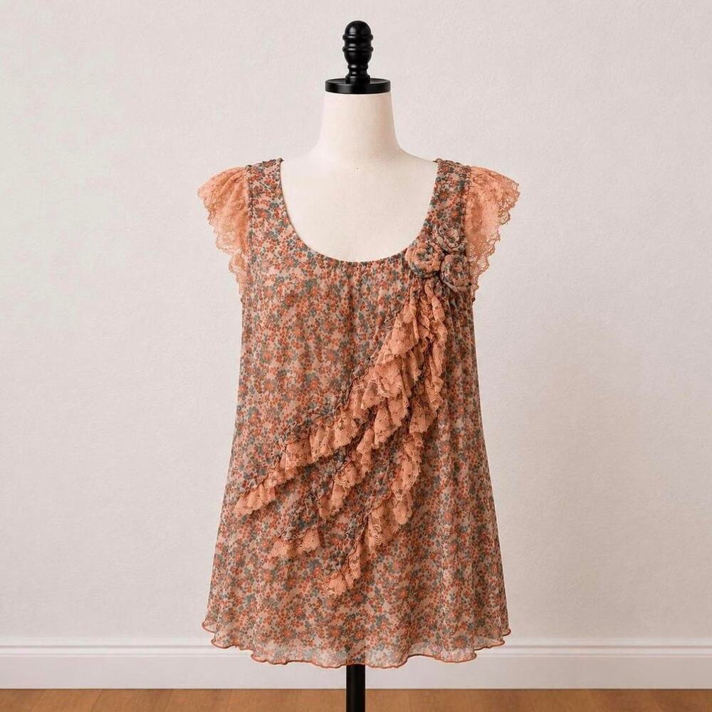 Lulumari floral ruffle lace boho chiffon tunic top size L